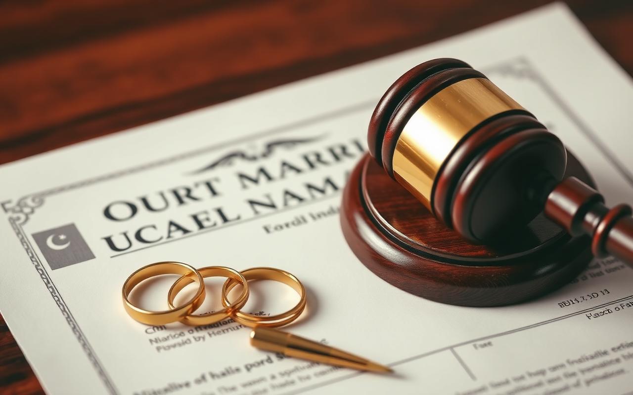 Court Marriage in Pakistan — gavel, Nikah Nama and wedding rings on a legal desk