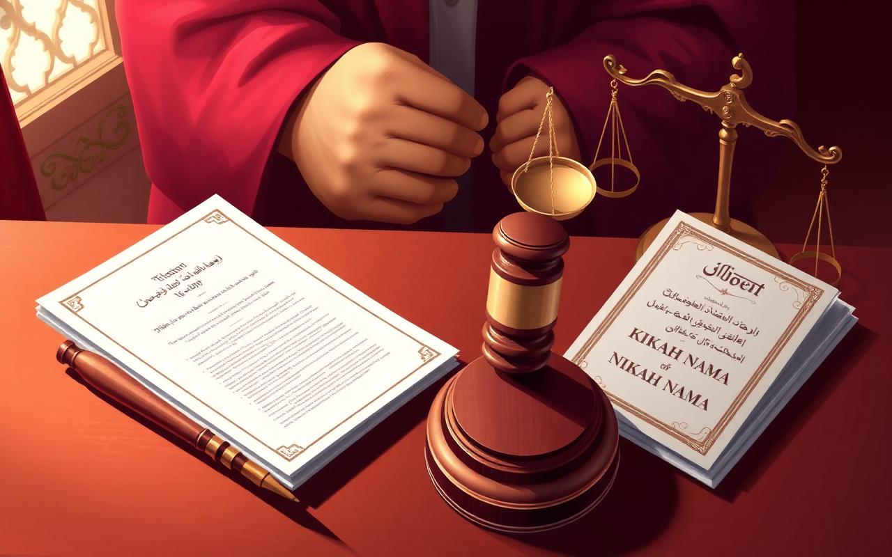 How to take Khula from court in Pakistan — judge's gavel, Khula petition and Nikah Nama on a family court desk