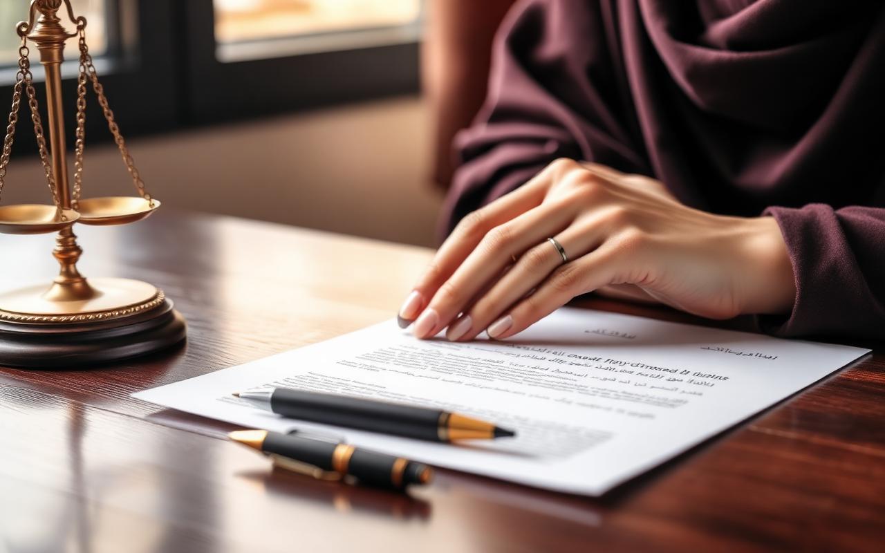 Khula in Pakistan — woman signing Khula petition with legal scales on a lawyer's desk