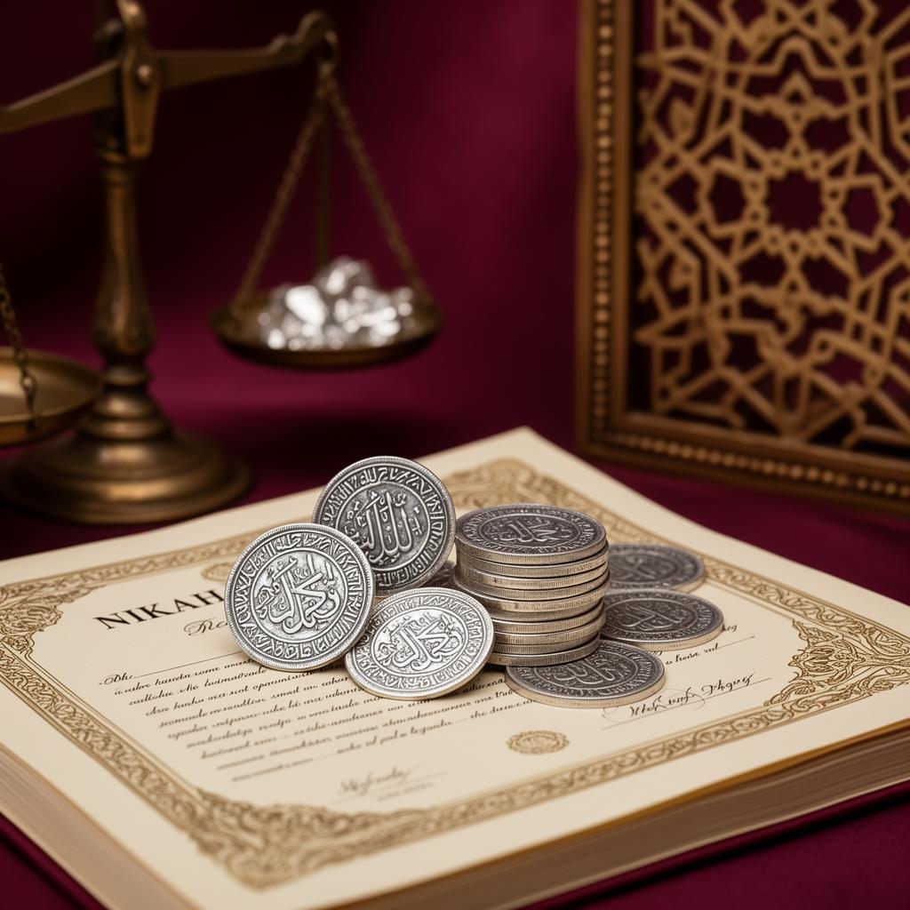 Mehr-e-Fatimi — silver dirham coins on a Nikah Nama with brass scale, symbolising the Sunnah dower