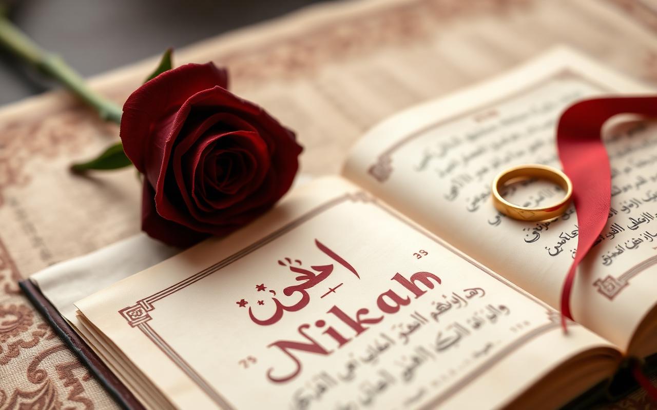 Nikah in the Light of Ahadees — open Quran, rose and gold ring symbolising a Sunnah Nikah ceremony